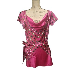 Caché Blouse, Size M, Hot Pink,  Chain Print, Bow Tie Detail